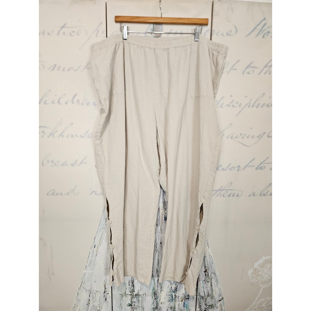 Soft Surroundings Pants 3X Beige Cotton Gauze Button Slit Relaxed Coastal